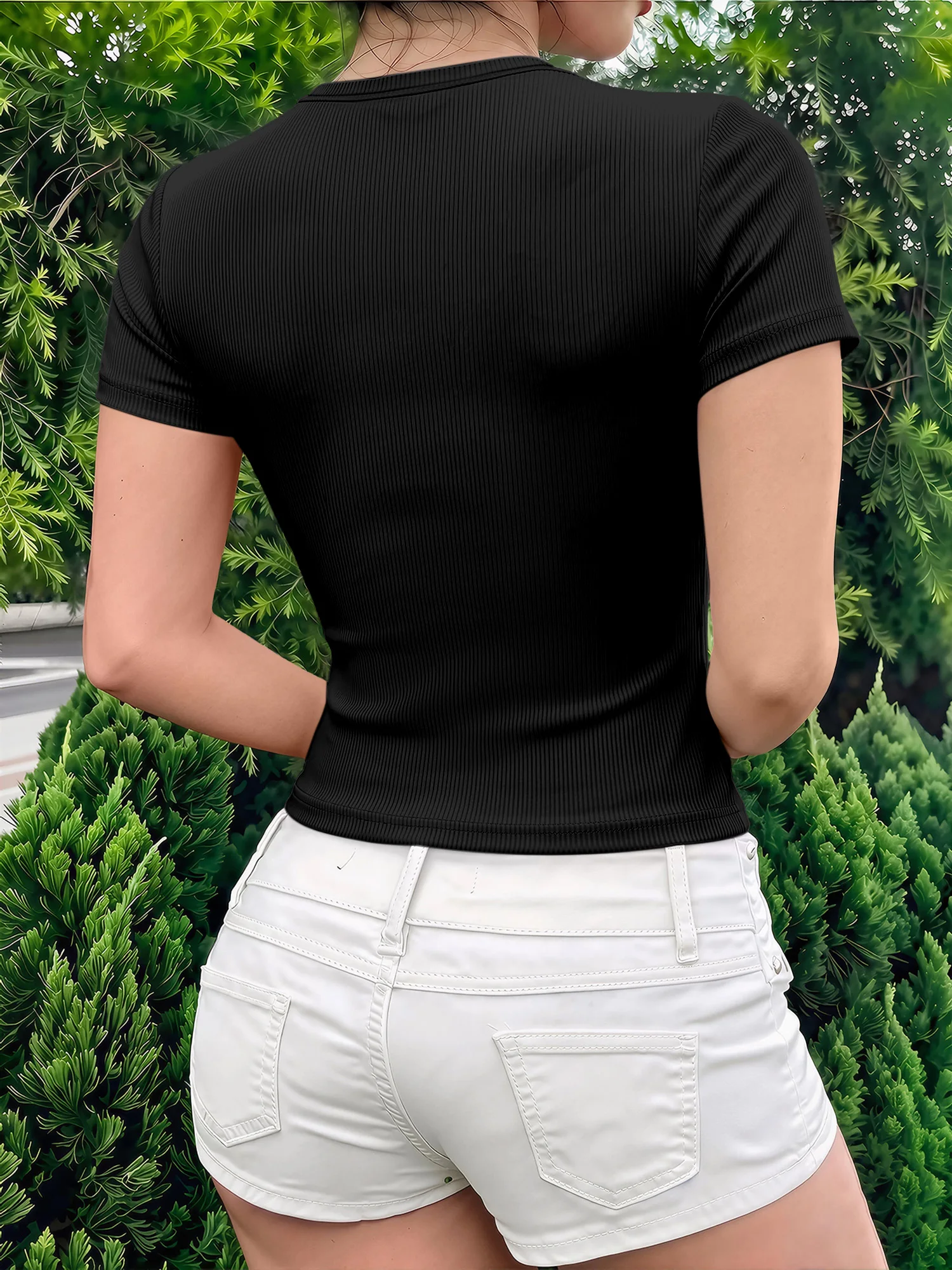 Effortless‑Chic Fitted Crop Rib T‑Shirt, Soft Short‑Sleeve Blouse for Campus Wear & Casual Weekend Wandering