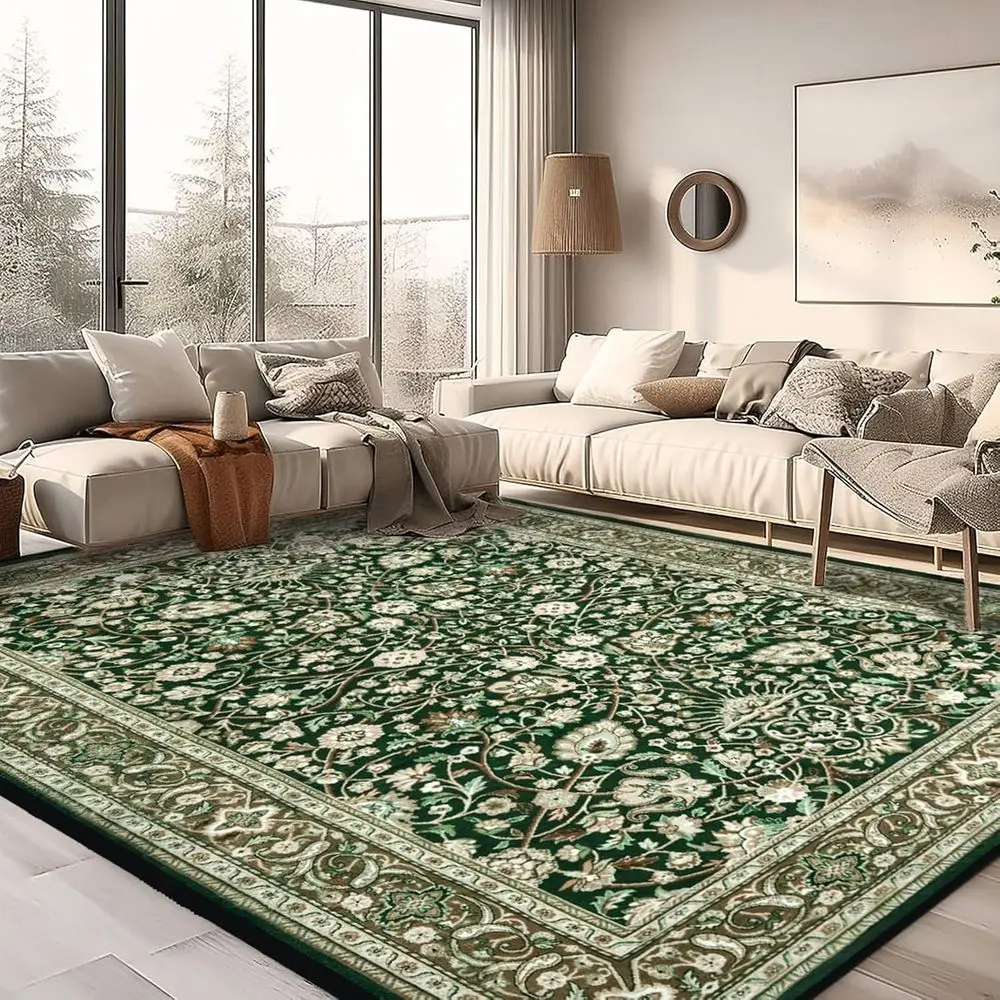 Vintage Cyan Boho Rug, 6x9, Washable & Non-Slip for Living and Dining Rooms