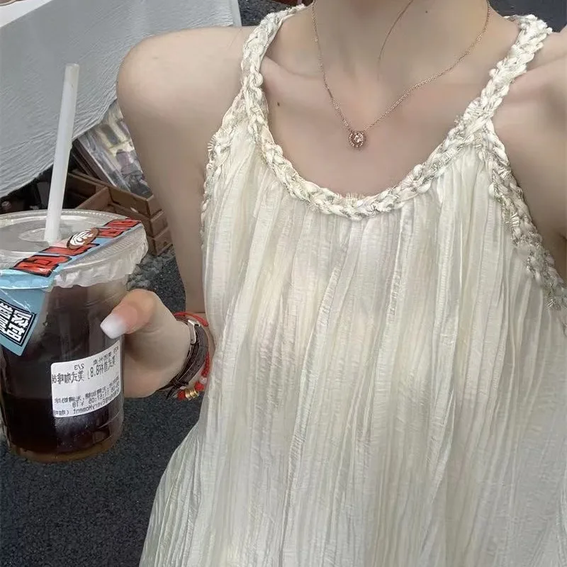 Summer Halter Sleeveless Women's Solid Bright Silk Distressed Pullover Casual Elegant Loose Office Lady Vintage Knee Dress