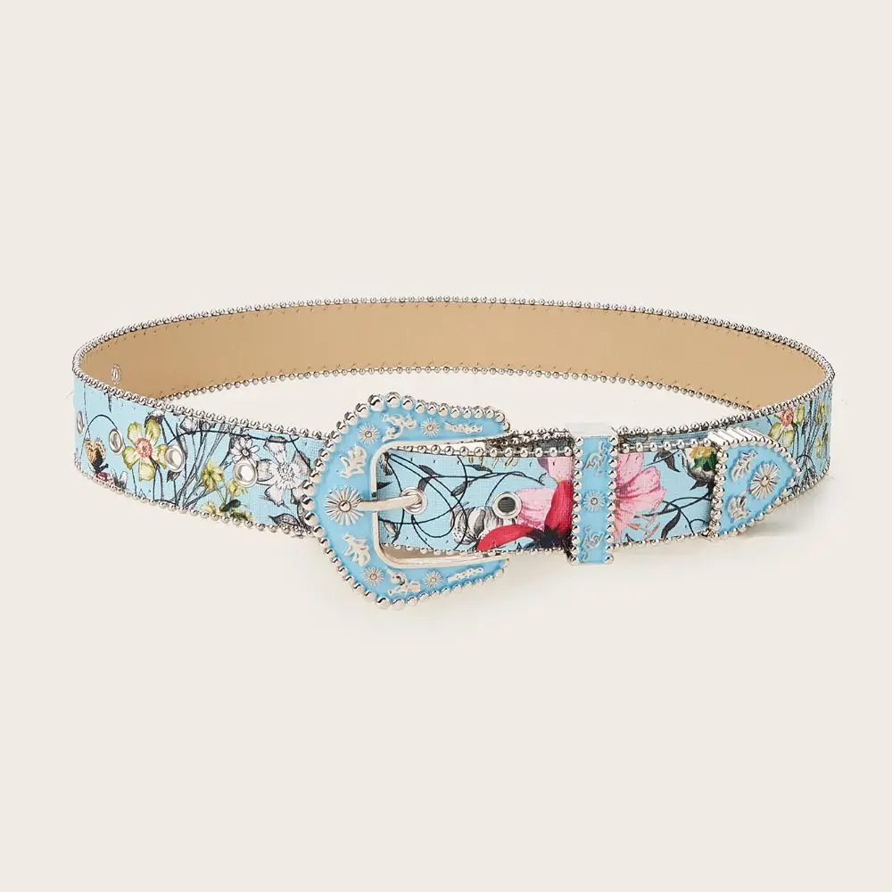 Bohemian Style Floral Jeans Belts Border Bead Girdle Retro Flower Belt Vintage Hip Hop PU Leather Belt Women's Accessories
