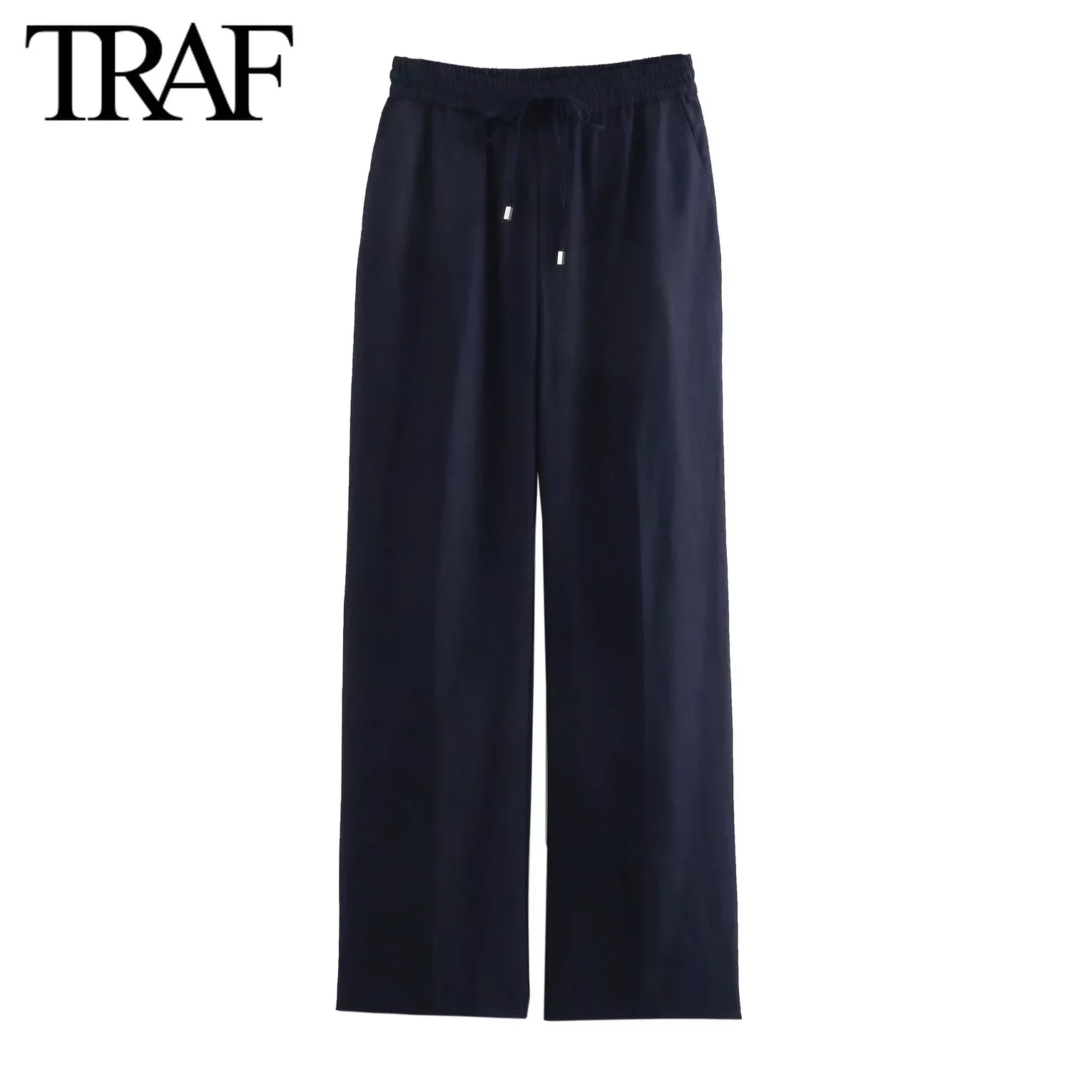 TRAF Women Fashion Spring Summer Lace-up Linen Blended Straight Pants Pocket Office Lady Chic High Waist Trousers Mujer