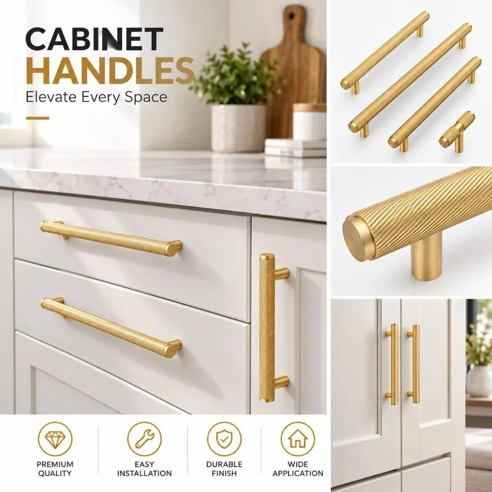 Solid Brass Cabinet Handles Surface Mounted Ribbed Cylindrical Furniture Handles Brushed Gold DIY Friendly Door Pulls