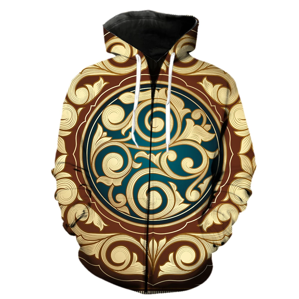 

Luxury Golden Pattern Men's Zipper Hoodie Teens Oversized Casual Harajuku Cool Streetwear Spring Hip Hop 3D Print Funny Tops