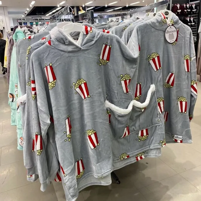 

Креативные пижамы для пар, новый стиль для осени и зимы, толстовка с капюшоном на флисовой подкладке, комплект домашней одежды с принтом в виде попкорна