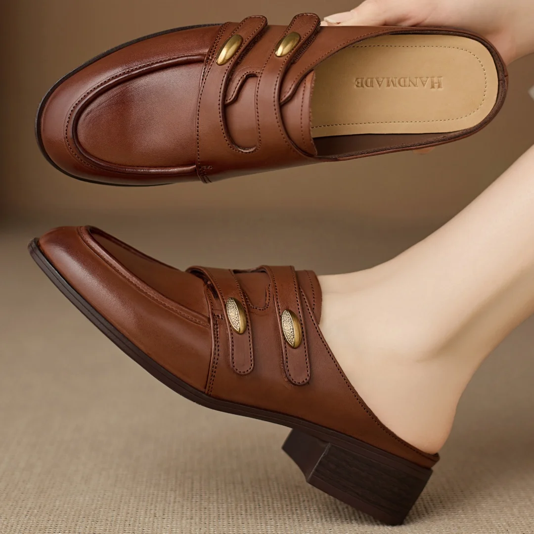 

Женские мюли danxuefei из натуральной кожи с круглым носком, двойным узким ремешком и пряжкой, летние повседневные шлепанцы высокого качества