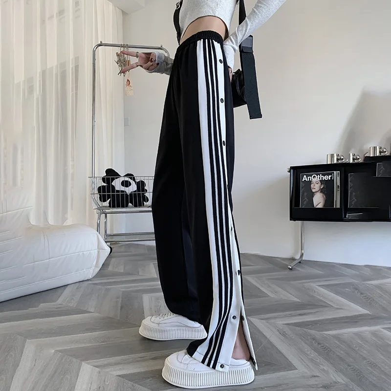 Y2K Style Wide Leg Pants for Women, Straight Trousers, High Street Casual, Loose Side Button Sweatpants, Vintage Streetwear,2021