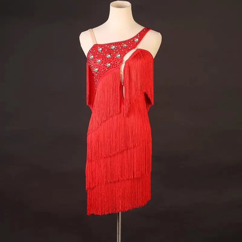 Falda Profesional de Baile Latino para Mujer, Color Rojo con Borlas, Traje de Baile Latino Estándar, Nuevo Diseño, Vestido de Baile de Rumba, Chachachá y Samba