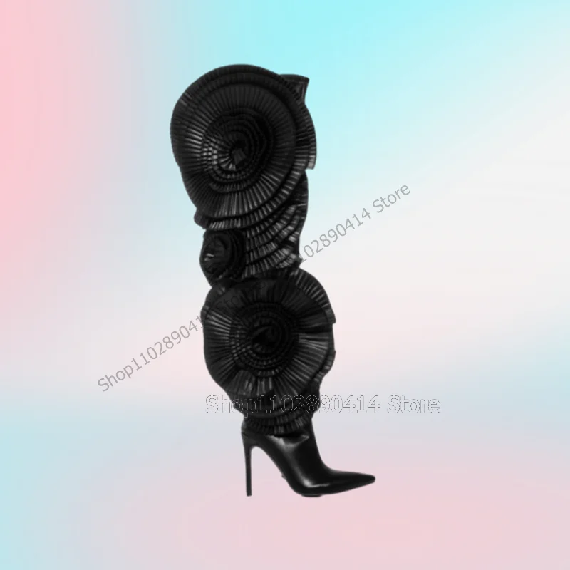 

Black Trumpet Flower Design Pointed Toe Boots Side Zipper Women Shoes Thin High Heels Fashion Banquet 2023 Zapatos Para Mujere