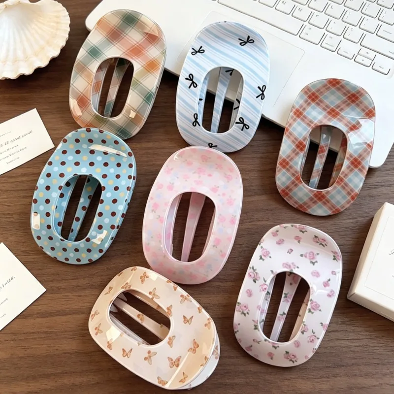 Korean Style Fresh Polka Dot Grid Cut Out Oval Hair Claw Lazy Clip Summer Atmosphere