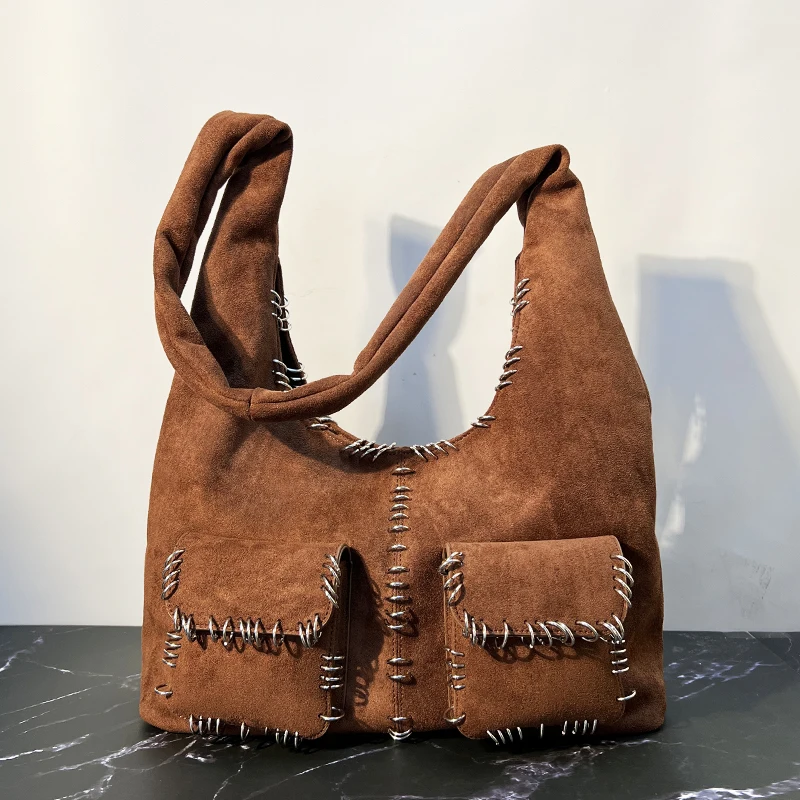 Vintage Faux Suede Bags For Women Luxury Designer Handbags Purses 2025 New In Metal Ring Trim Multiple Pockets Underarm Shoulder