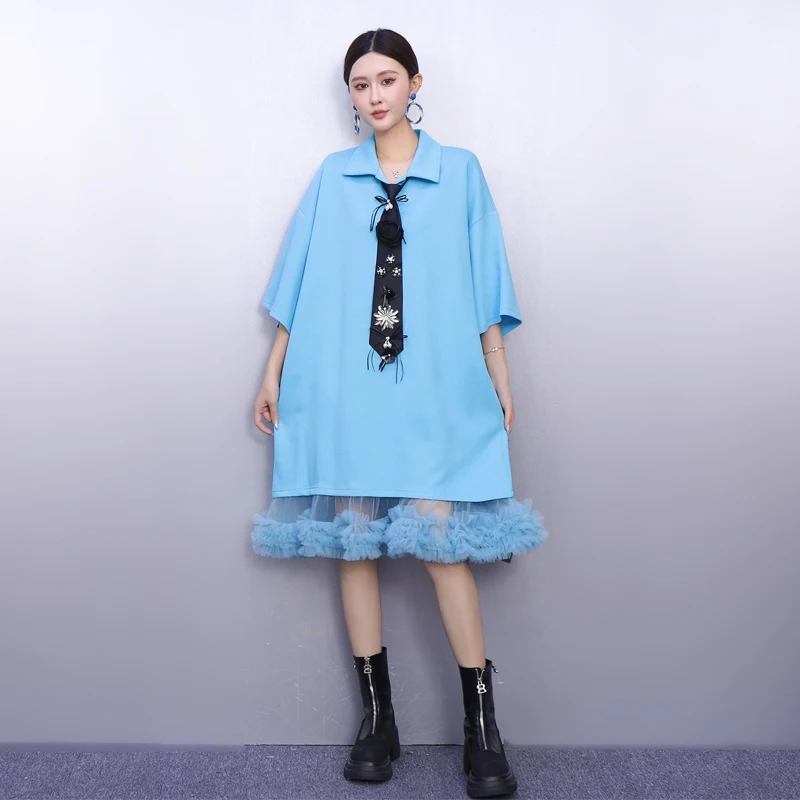 2025年秋新作 エレガントな女性用ルーズメッシュスプライシングTシャツワンピース 女性用長袖ワンピース 卸売 J2039