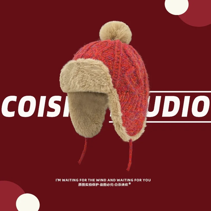 Women Winter Knitted Bomber Hats Faux Fur Lined Cute Pom Pom Earflap Warm Windproof Ski Hat Female Outdoor Cold Weather Beanies