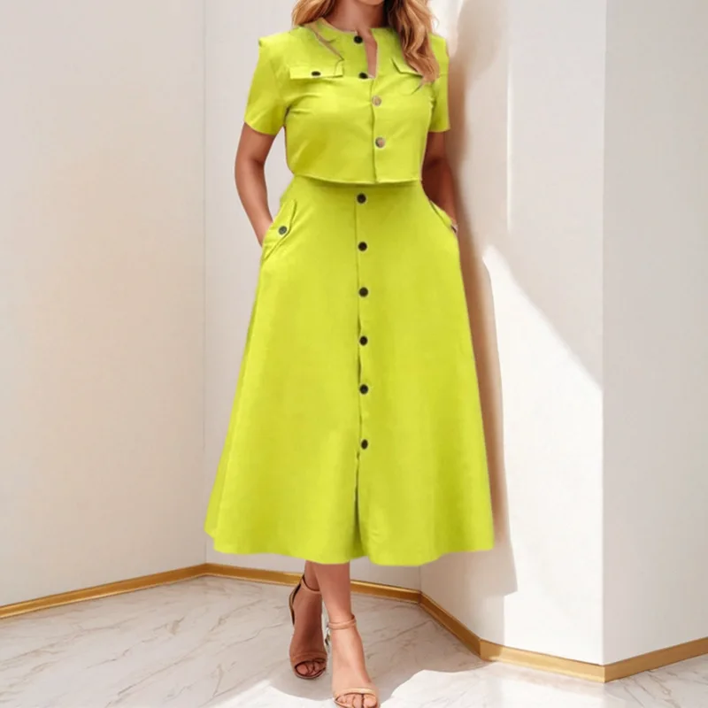 Ele Pure Color Casual ort-top met rok met enkele knoop Opstaande kraag Faionable Set Dameskleding Professionele rok...