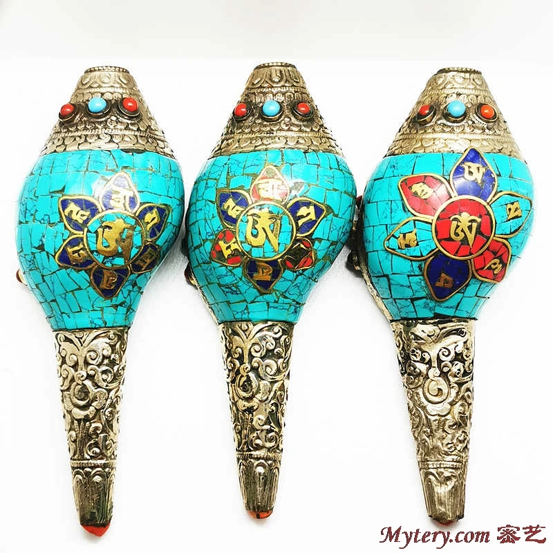 

15CM Real Seashell Handicrafts Tibetan Buddhist Things Copper Capped Colorful Stone Craft Arts Free Shipping BC980