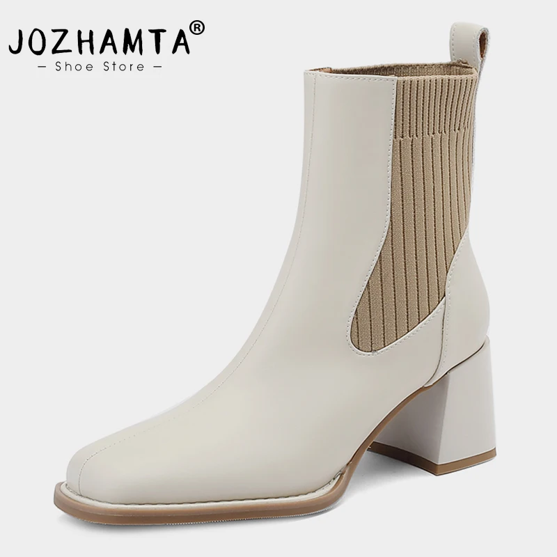 JOZHAMTA Size 34-40 Women Ankle Boots Genuine Leather Office Ladies Thick High Heels Winter 2023 Elastic Elegant Short Boots