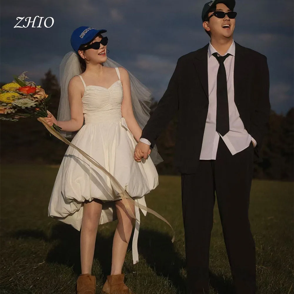 

ZHIO современное короткое свадебное платье на тонких бретельках цвета слоновой кости, атласное корейское свадебное платье для фотосессии на открытом воздухе, индивидуальное 웨딩드레스