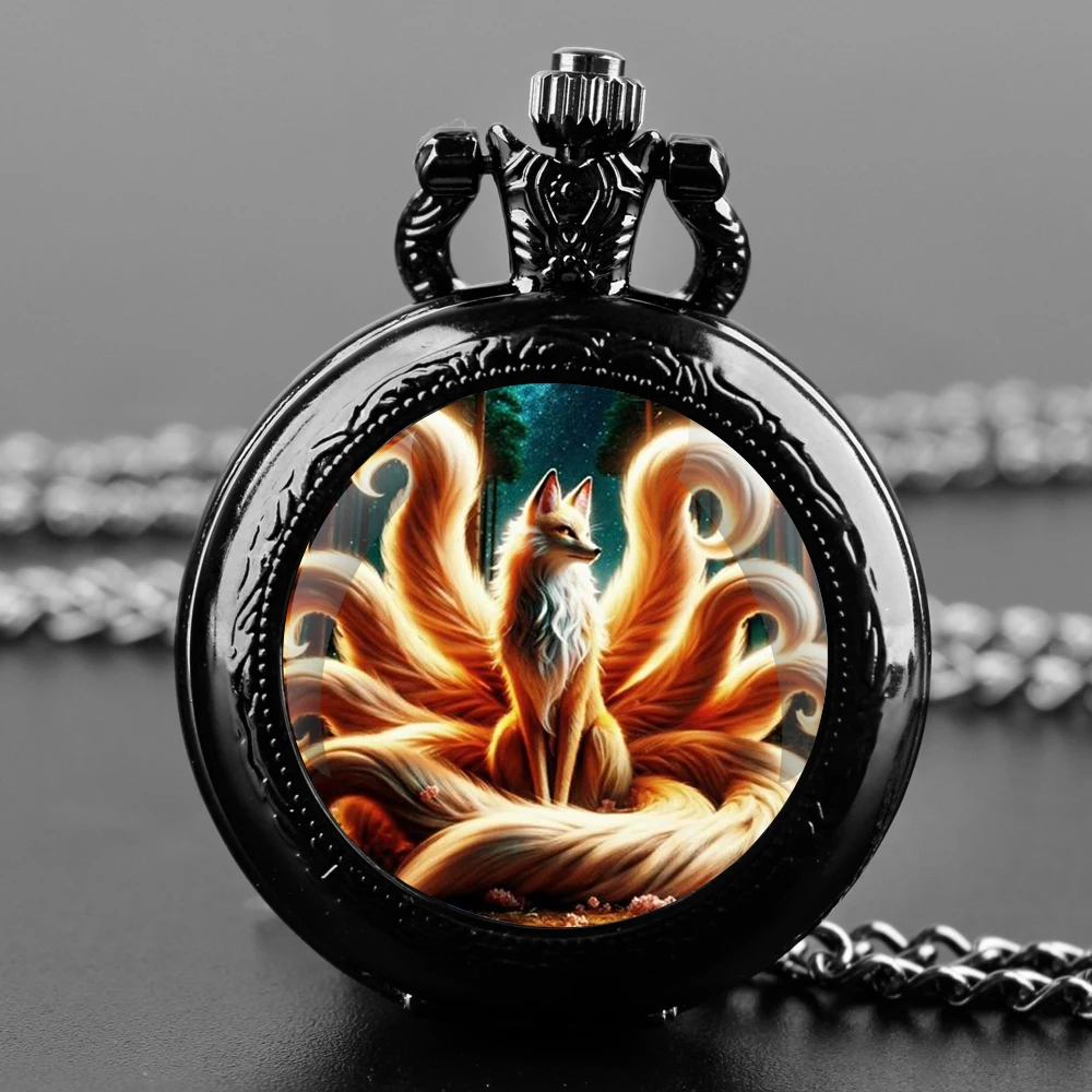 Animal Nine-tailed Fox Pattern Quartz Pocket Watch with Necklace Pendant World-Time Feature, Analog Display for Women Men Kids