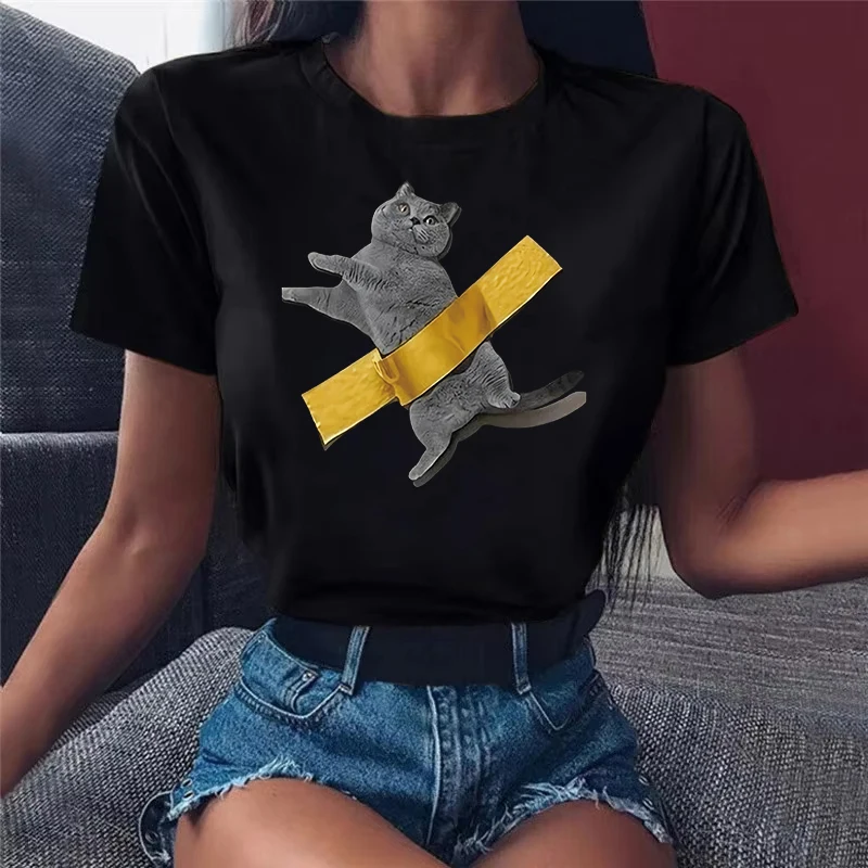 

Funny Cat Print T-shirt Street Everyday Casual Humorous Short Sleeve T Shirt Women Streetwear Cat Lover Clothing Y2k Top Tee