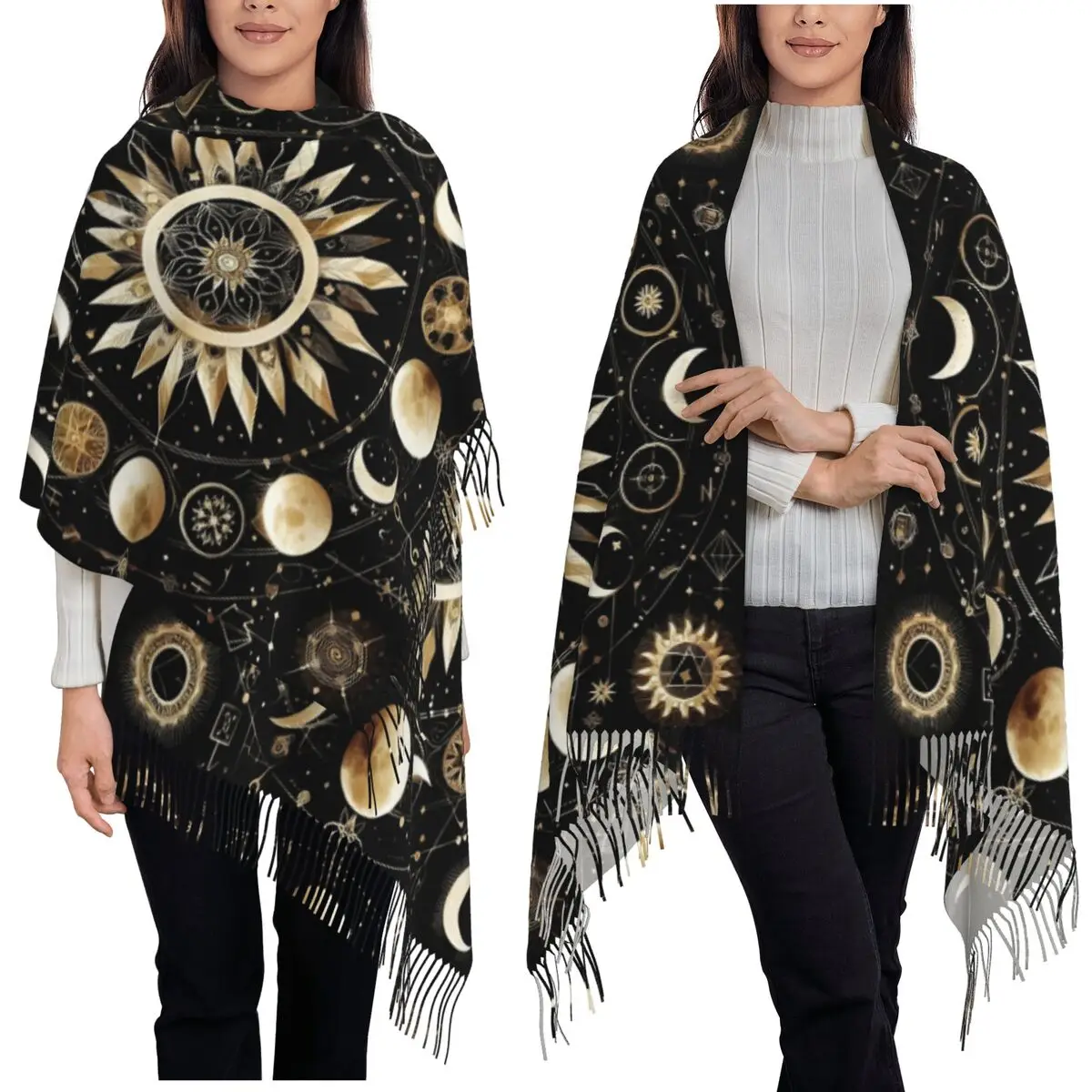 

Шарф Boho Golden Crescent Moon And Sun Witch Шарфы с кисточками для женщин Мягкие теплые шали и накидки Длинная осенне-зимняя шаль