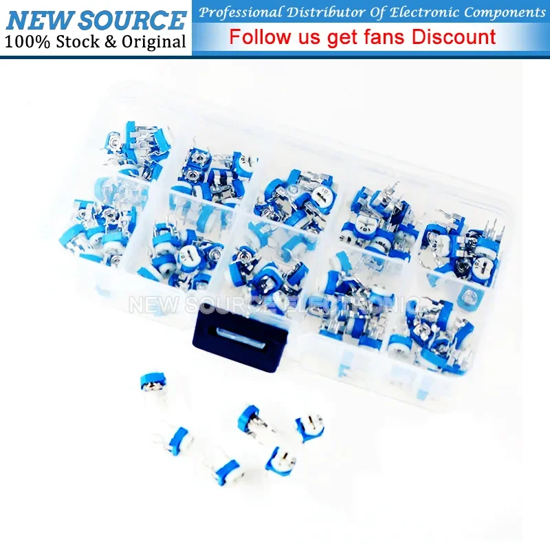 100pcs/Box RM065 Potentiometer Adjustable Resistor Kit 500 - 1M Ohm  Multiturn Trimmer Potentiometer  500 1K 5K 10K 20K 50K 100K