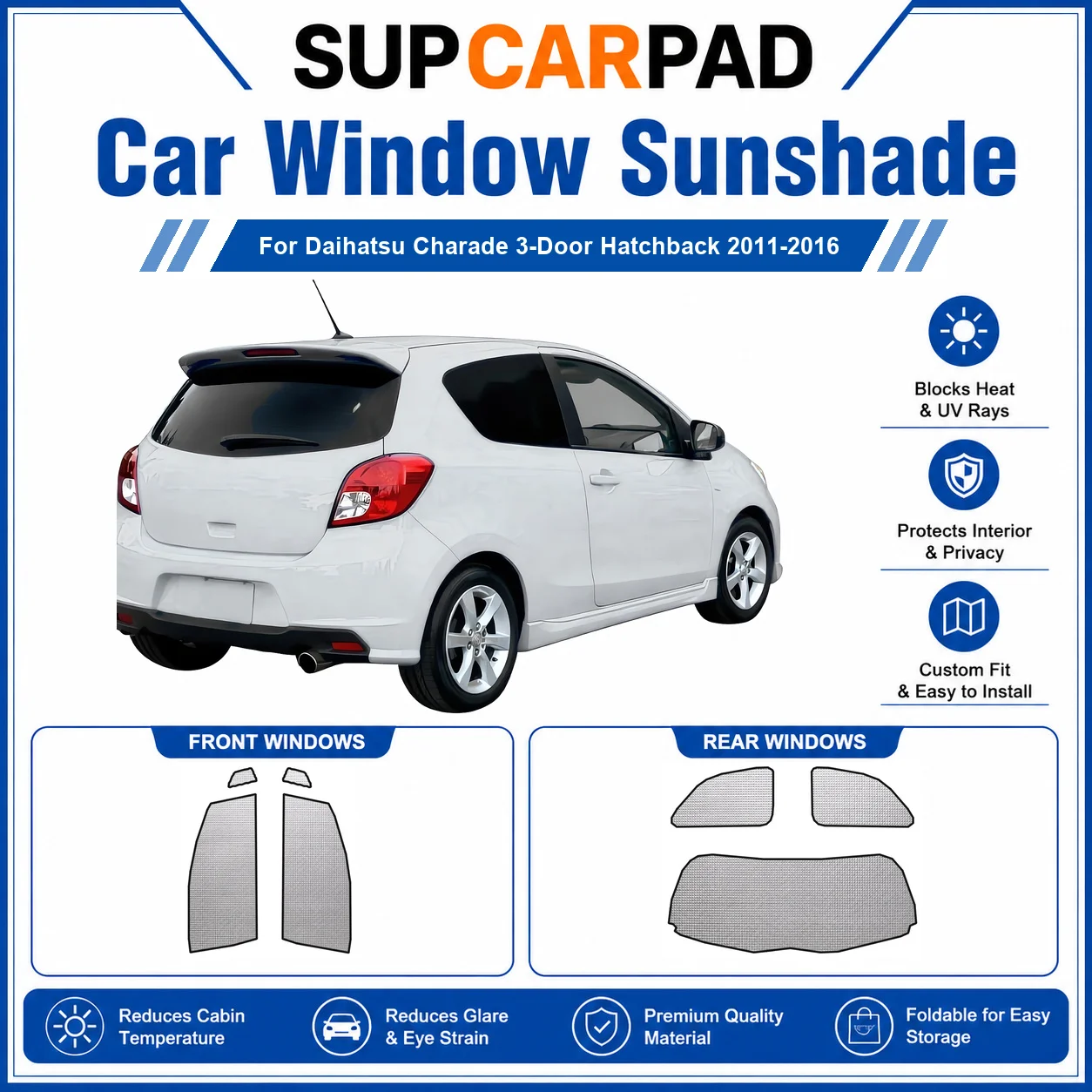 

For Daihatsu - Daihatsu Charade 3-Door Hatchback 2011-2016 Full Set Car Window Sunshades UV Block Privacy Heat Insulated Foldabl