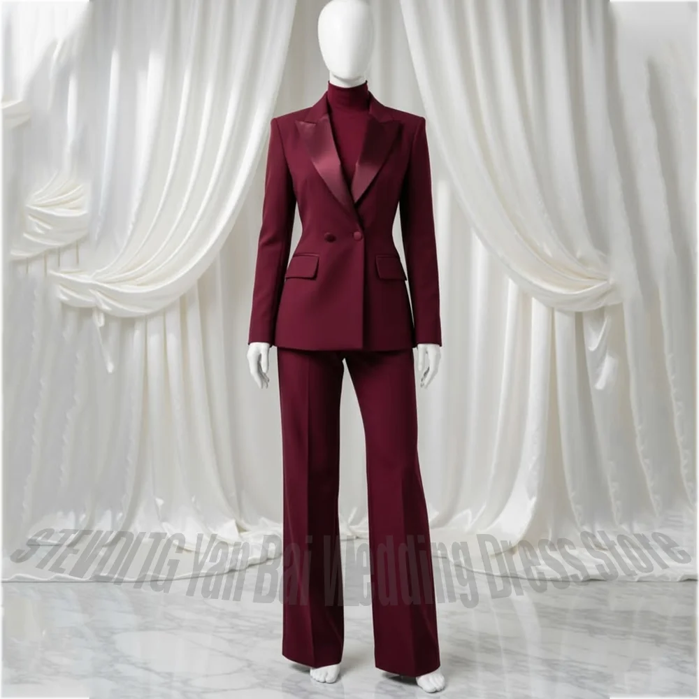 Burgundy Women's Suit Satin Lapel 2 Pieces Double Breasted Slim Blazer Solid Color Outfit For Wedding Business Office Formal