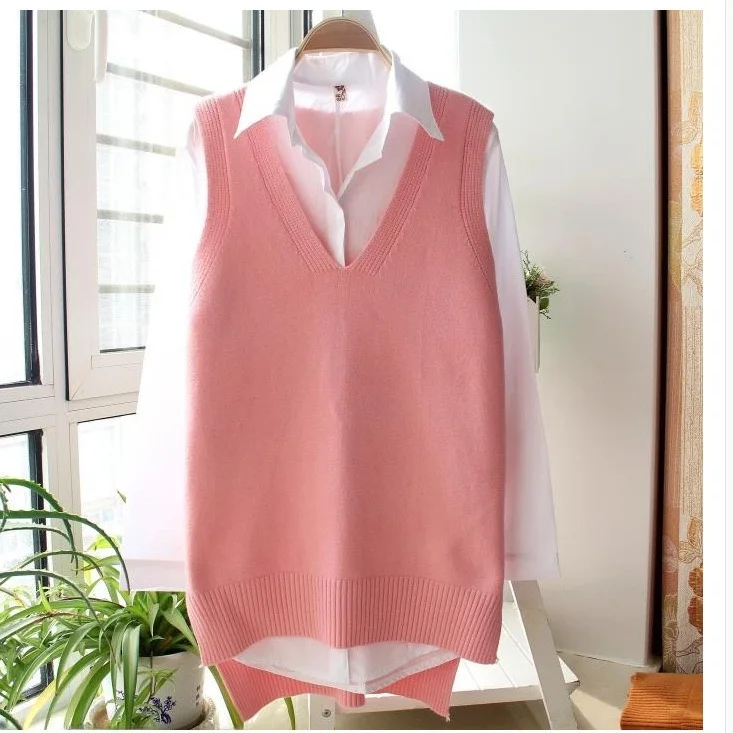 Pink Knitted Vest Women's Spring Autumn New Sleeveless  Color Overhead Korean Version V-neck Woolen Medium Length Vest O...