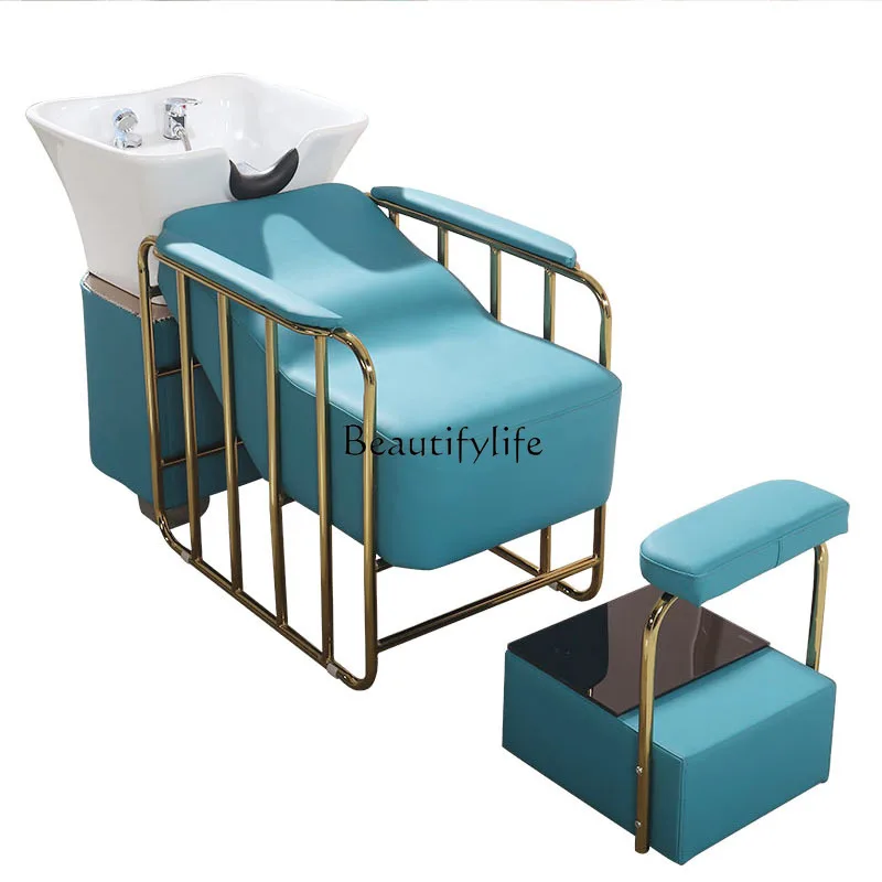 

New Hair Salon Shampoo Massage Couch Half Lying Flushing Bed Stainless Steel Shelf Ceramic Basin