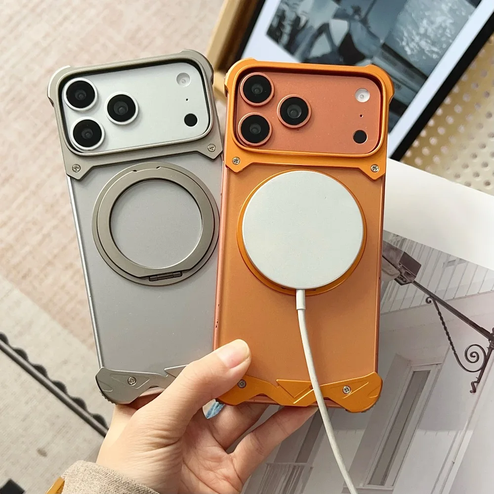 

Aluminum Alloy Frameless 360 ° Rotating Stand Phone Case for iPhone 14 15 16 17 Pro Max with Support Magnetic Charging