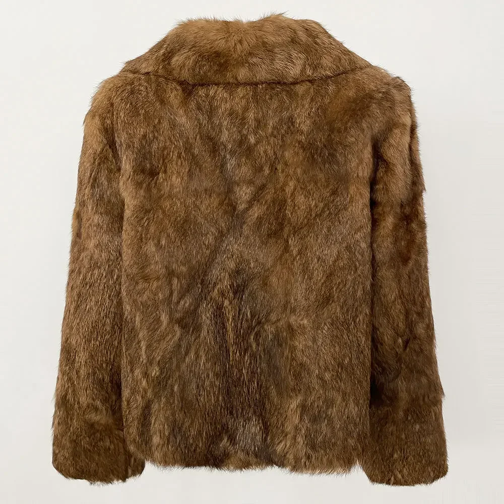 Mulheres street wear leopardo elegante real natural casaco de pele de coelho jaqueta de inverno grosso quente nova moda turn-down colarinho outerwear