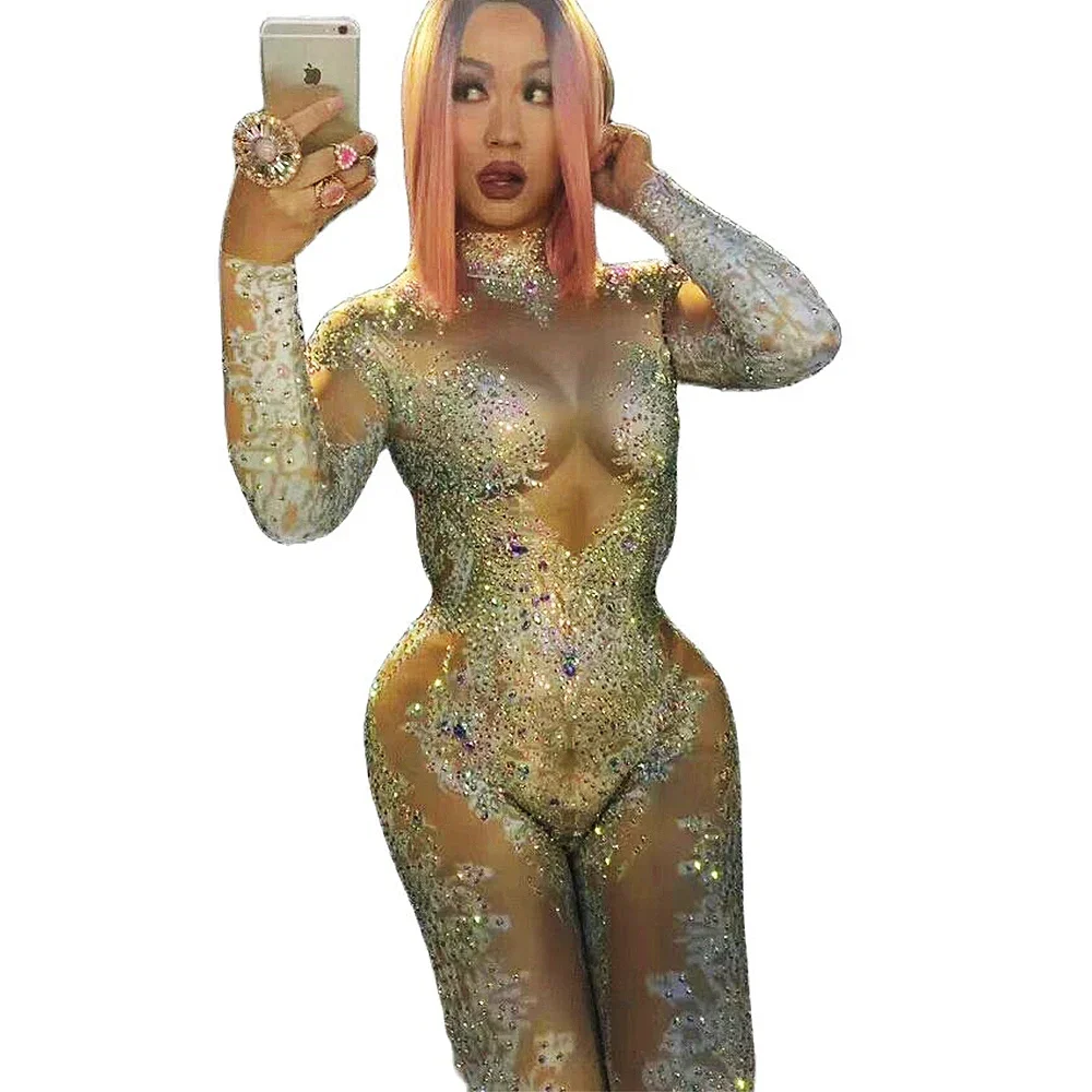 

Shiny Women Full Rhinestone Jumpsuit Long Sleeve Personality Performance Ladies Theatrical Stage Wear Drag Queen Bodysuits 2022