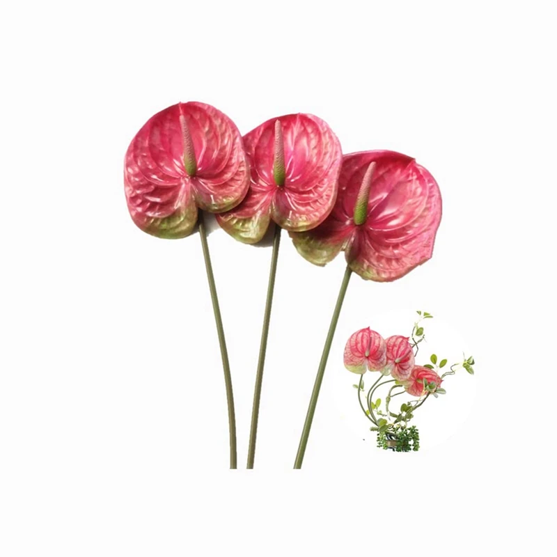 3 Pcs 27Inch Artificial Anthurium Flowers For Home Decor Bouquet And Green Leaf Wedding Decoration (Pink)