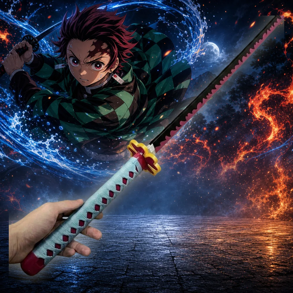 40inch 101cm Katana Sword Demon Slayer Tanjiro Nichirin Saw Tooth Black Pink Blade Wood Bamboo Japanese Samurai Anime Cosplay Prop Stand Belt Set Real Size Otaku Collectible Gift Toy Display Bushido Ninja Knife Schwert Sabre