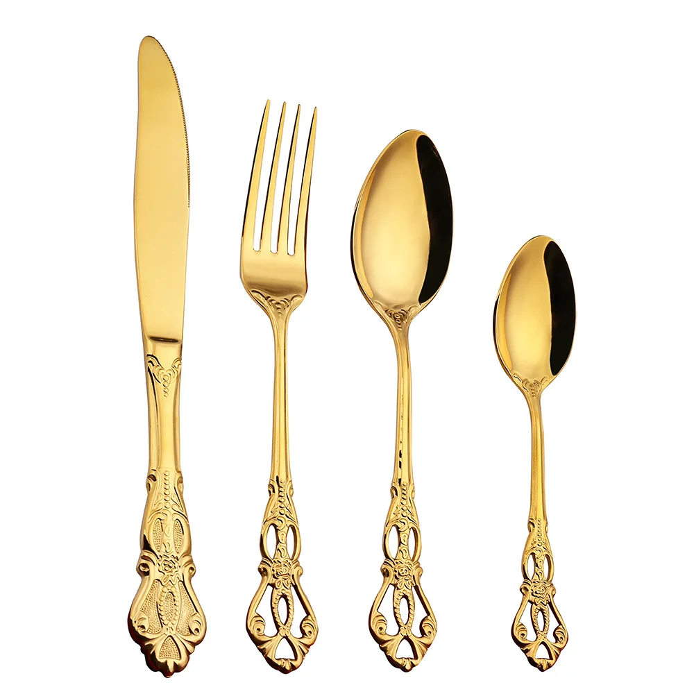 Gold Silverware Royal Vintage Wedding Luxury Gift Stainless Steel Knife Spoon Fork Flatware Cutlery Set