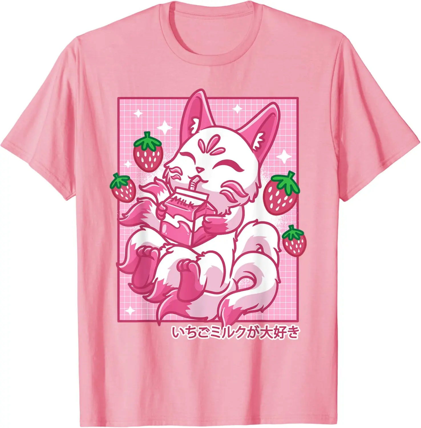 Kitsune Japanese Anime Fox Kawaii Strawberry Milk T-Shirt 100% Cotton Streetwear High Quality