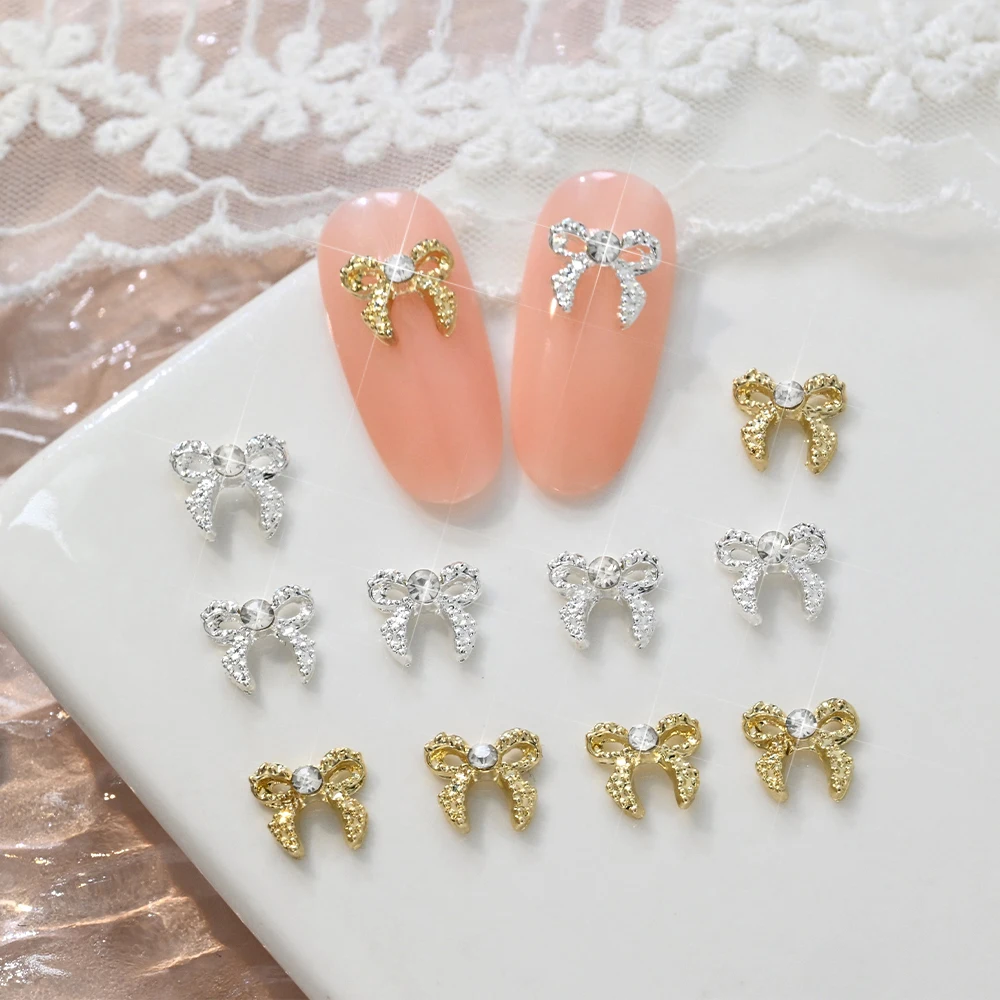 10 قطع من زينة الأظافر ثلاثية الأبعاد على شكل فيونكة فاخرة، ذهبية وفضية مرصعة بالألماس، زخارف معدنية للأظافر على شكل فيونكة، إكسسوارات للمانيكير