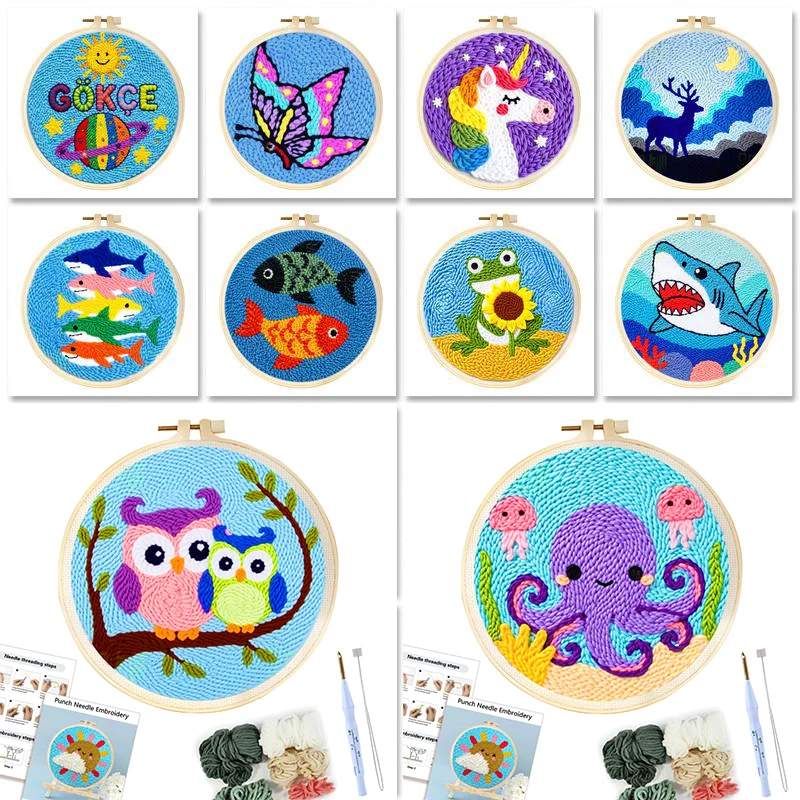 GATYZTORY Diy Punch Needle Embroidery Starter Kits For Beginner Cartoon Cute Animals Poking Embroidery Yarn Painting Arts