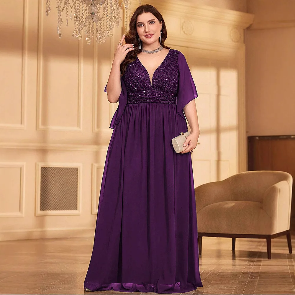 Gaun Pesta Panjang Model Slim Fit Bahan Chiffon Berpayet V-neck Modis Musim Panas 2026 untuk Wanita