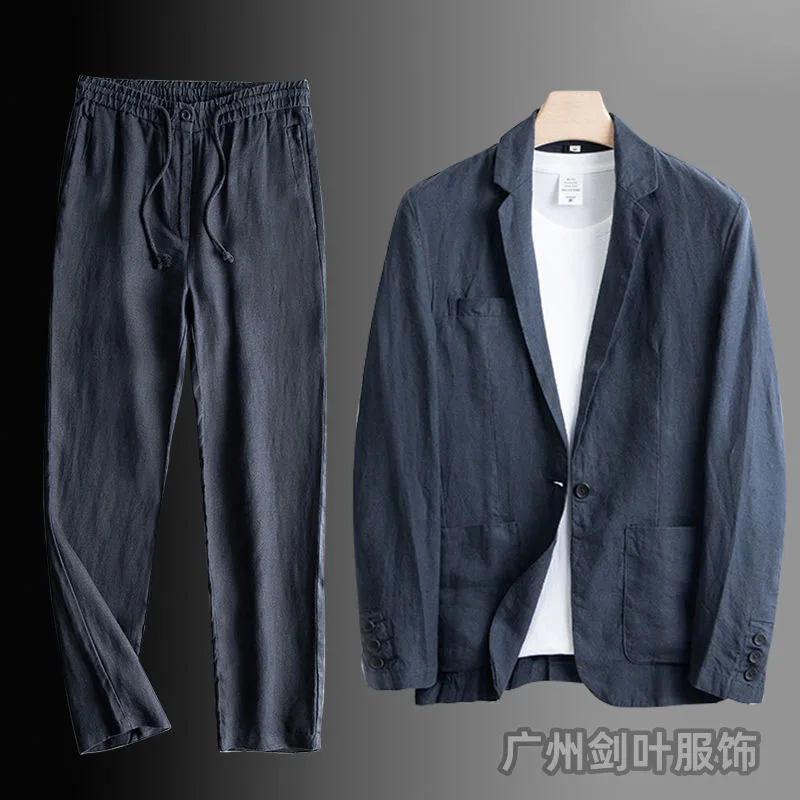 1-H9  Suit suit Men's Summer Thin Pants Jacket Thin Jacket Men's Cotton and Linen Casual Suit Men's Spring Direct Camp