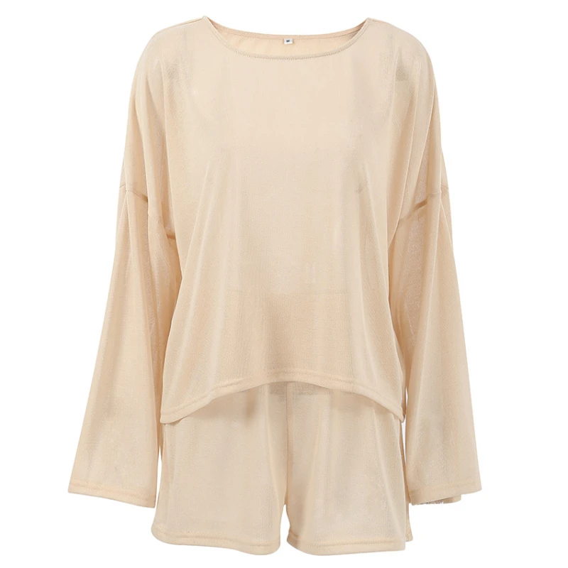 Letnia nowa dwuczęściowa piżama z długim rękawem z bawełny i lnu, luźne spodenki, modne damskie ubrania domowe z handlu zagranicznego