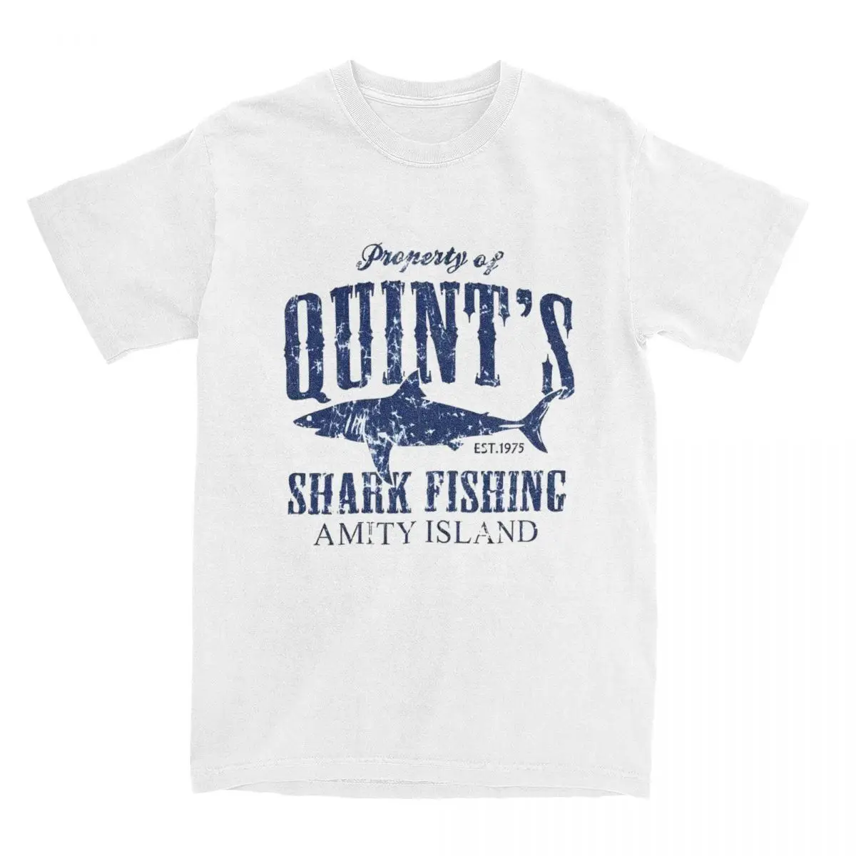 Quint's Shark Fishing Blue Logo T Shirt Men Amity Island 1975 Pure Cotton T-Shirts O-Neck Tee Shirt Casual Oversized Clothing