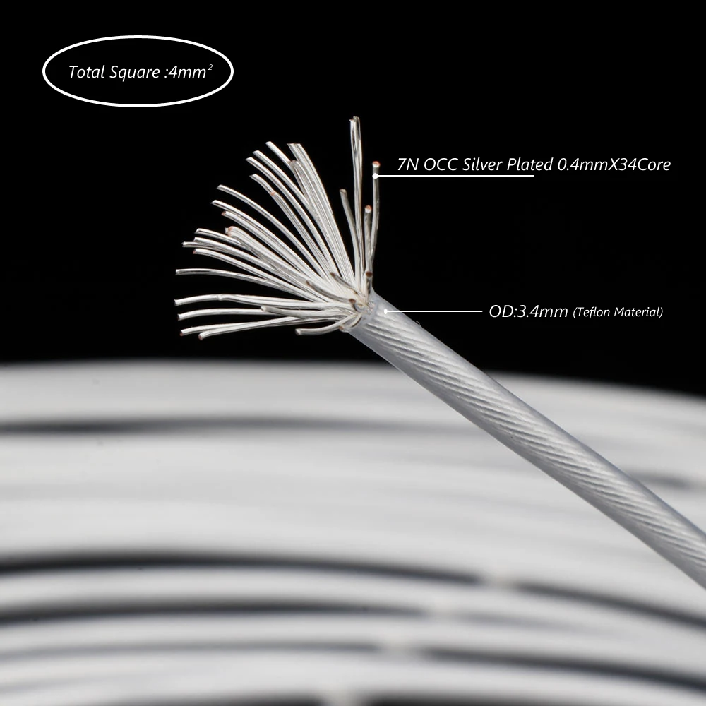 7N 크리스탈 구리 + 35% 은 도금 와이어(3.4mm OD, 34 코어, PTFE 절연) – HiFi 스피커, RCA, XLR, AUX, 전원 및 CD C용