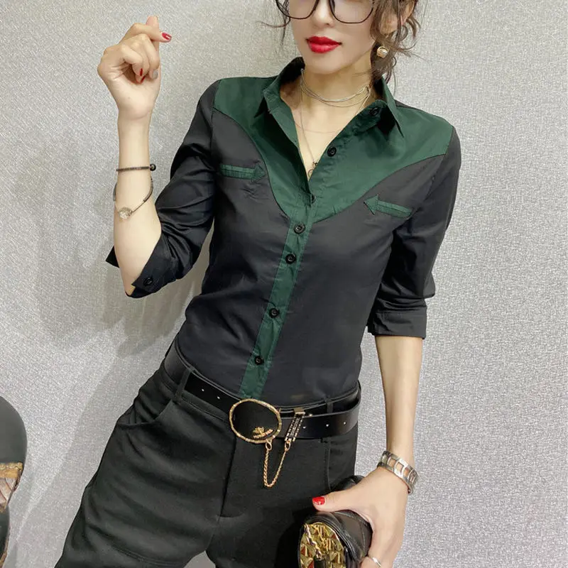 Fashion Slim Solid Color Spliced Shirt Commute Turn-down Collar Women\'s Clothing Single-breasted Spring Autumn All-match Blouse