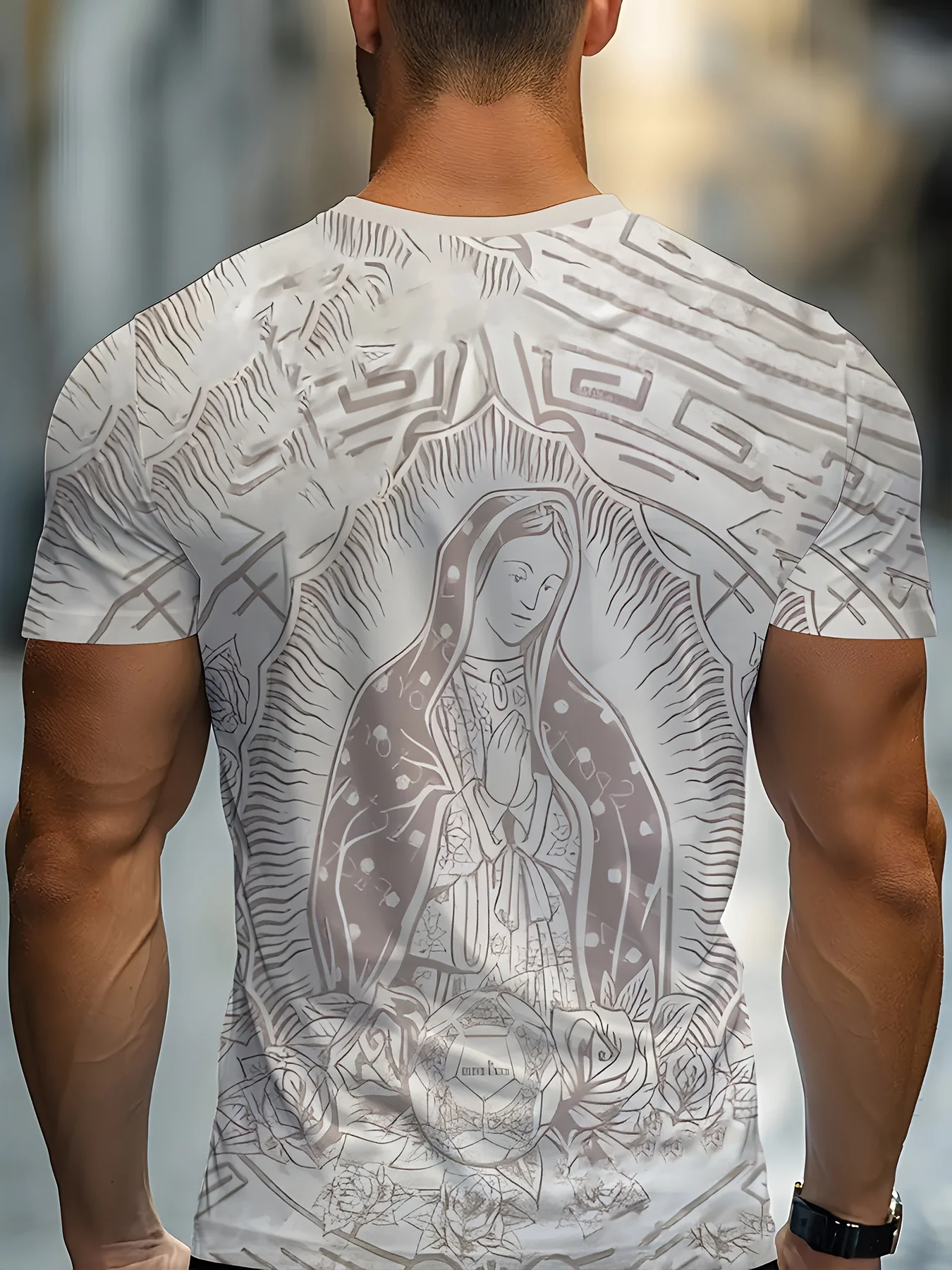 Men 3D Print T-Shirt Our Lady of Guadalupe Rose Geometric Line Graphic O Neck Short Sleeve Casual Summer Streetwear Tee