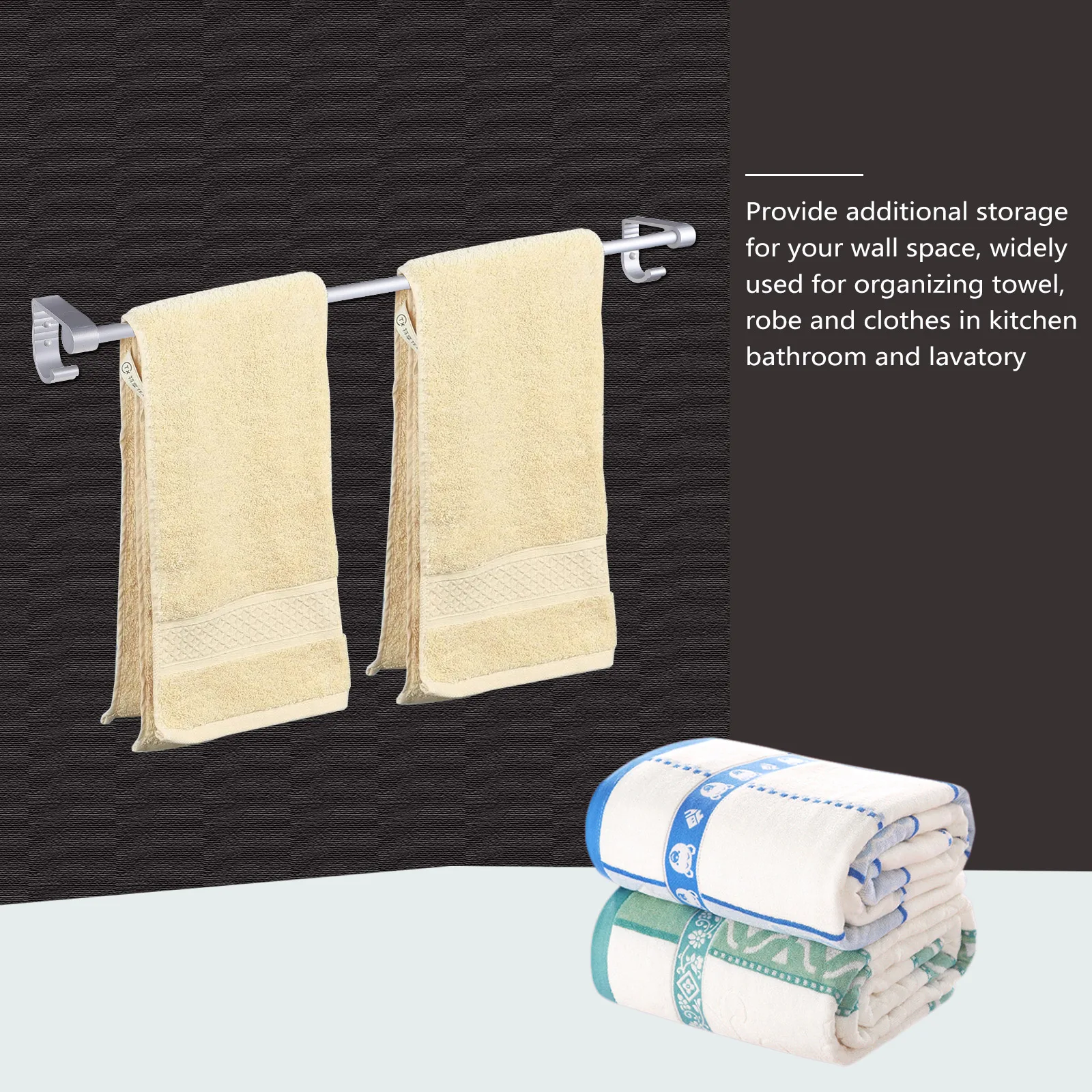 

Space Aluminum Towel Rack Heavy Duty Wall Mounted Hanger with Side Hooks Sturdy Bathroom Storage Organizer for Kitchen Lavatory