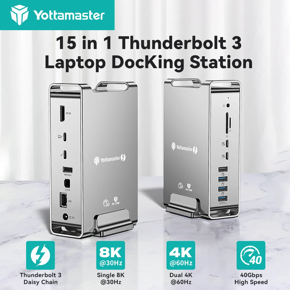 

Yottamaster 40 Гбит/с 15-в-1 Thunderbolt 3 Hub USB C Dock Station 8K 4K Video Multi USB3 Port Docking для Surface Macbook Laptop
