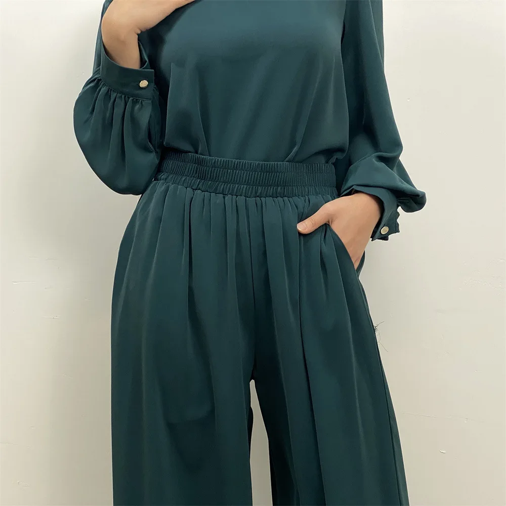 

Ramadan Muslim Women Long Tops Wide Leg Pants 2 Pieces Set Belt Islamic Outfits Eid Abaya Dress Suit Femme Musulmane Ensembles