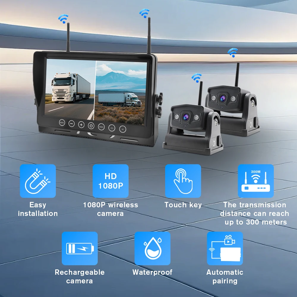 9 Inch Touch Button DVR Monitor Kit with 2 HD Wireless Magnetic Battery Cameras for Quick Setup Truck Bus OEM