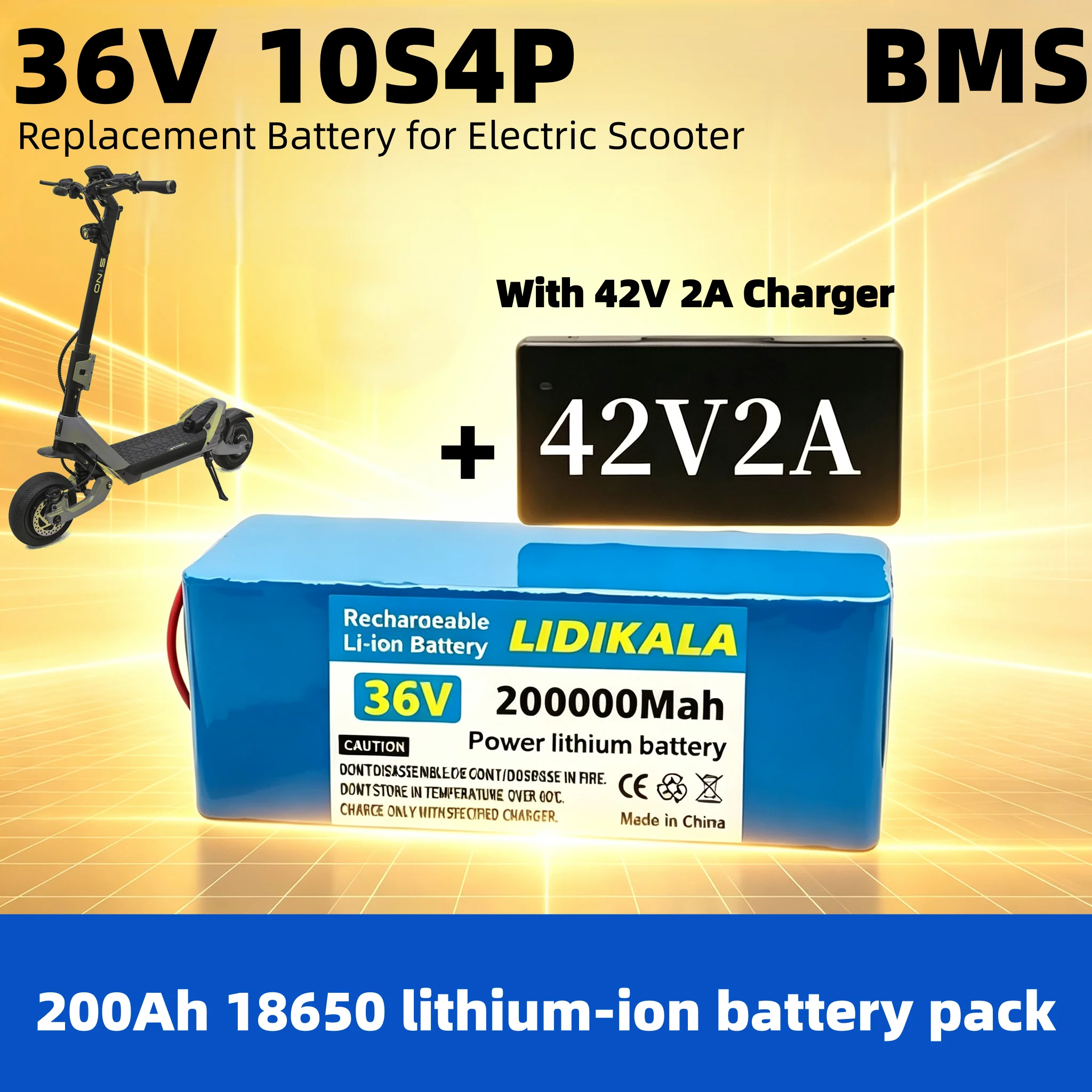 36V 10S4P 200Ah 18650 Lithium-Ionen-Akku, Ersatzakku für Elektroroller, mit 42V 2A Ladegerät