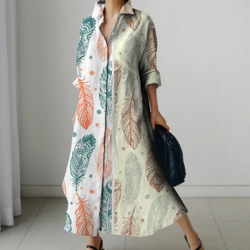 2023 Autumn and Winter New Two-Color Feather Print Dress Women's Loose Casual Dresses Single Breasted Long-Sleeved Shirt Dresses